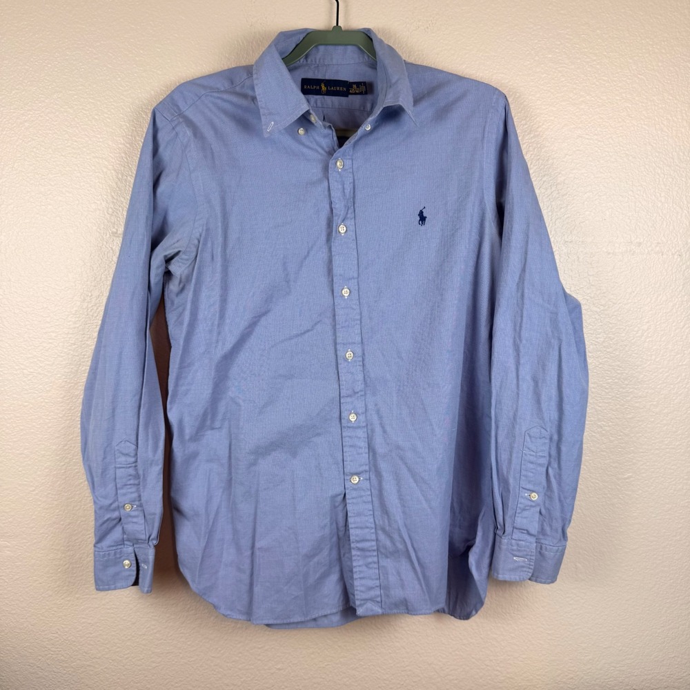 Ralph Lauren Button Down Shirt Mens 16 Blue Excellent Long Sleeve Micro‎ Check
